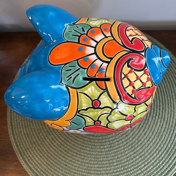 NEW Blue /Flower Mexican Talavera Hand Painted Piggy Bank Clay Colorful Folk Art - Picture 3 of 10